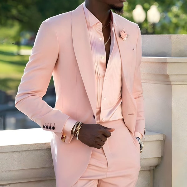 Men Peach Suits Shawl Lapel Wedding Tuxedo Terno Masculino Prom Blazer Slim Fit Groom Wear 2 Piece Jacket Pantsuit For Men