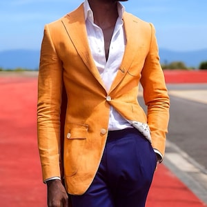 Unique Artistic Couture Orange Slim Fit Blazer: Men&#39;s Two-Button Fashion Jacket