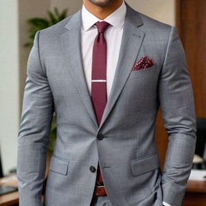 Grey Two Piece Suit: Notch Lapel, Business Wedding Formal Wear