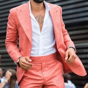 Men Linen 2 Piece Suit Peach Suit Groom Wear Wedding Suit Two Button Linen Summer Beach Suit Prom Wear Bespoke For Men