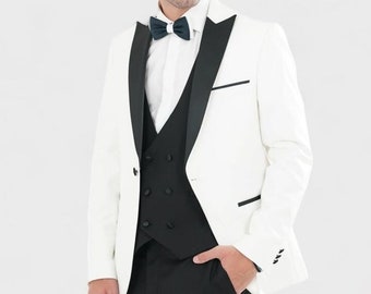 Men Suits Men Stylish White Black Satin Lapel Suits Men 3 Piece Bridegroom Suits Wedding Suit Customize Suits Bespoke For Male