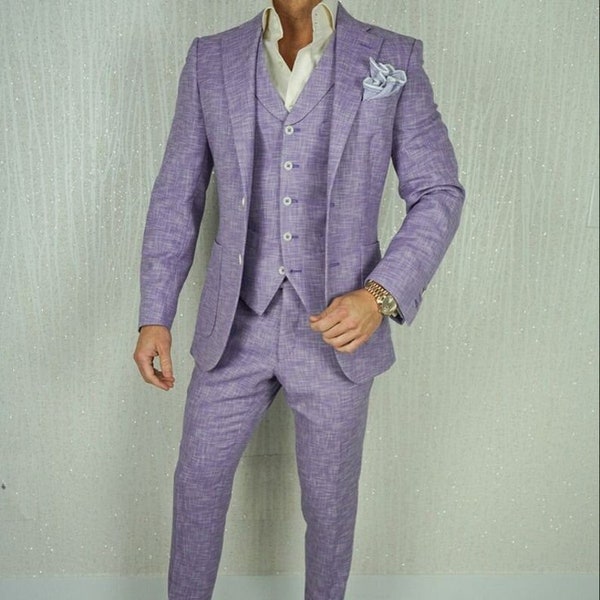 Men Linen 3 Piece Suit Purple Wedding Suit Two Button Linen Summer Beach Suit Stylish Prom Wear Bespoke For Men