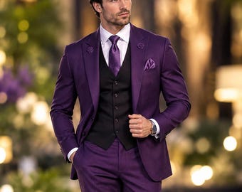 Mens Purple 3-Piece Suits Groomsmen Tuxedo, Elegant Wedding Suit for Men