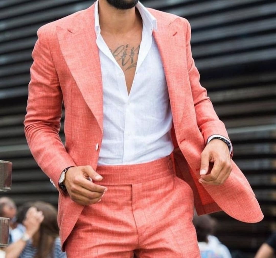 Men Linen 2 Piece Suit Peach Suit Groom Wear Wedding Suit Two Button