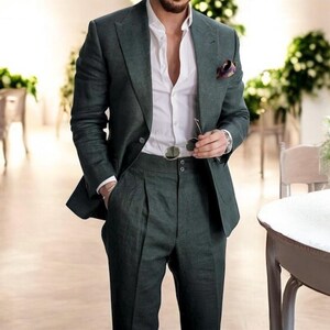 Men&#39;s Dark Green Linen Suit: Slim Fit Wedding Party Suit