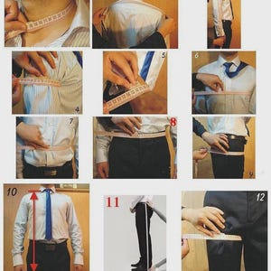 May include: A series of images demonstrating how to measure a person for a suit. The images show measurements being taken around the neck, shoulders, chest, waist, and inseam using a measuring tape. The person is wearing a white dress shirt and black pants.