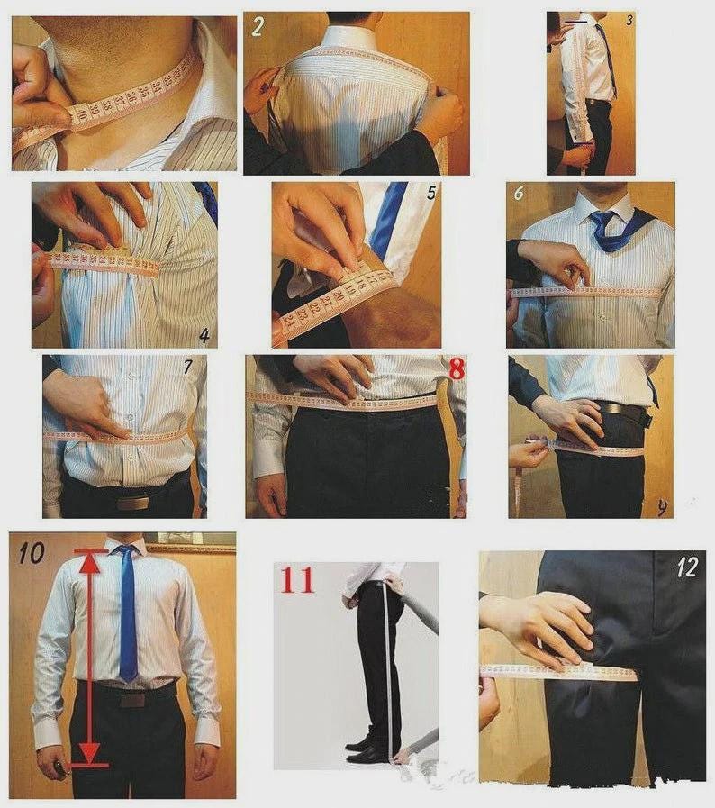 May include: A series of images demonstrating how to measure a person for a suit. The images show measurements being taken around the neck, shoulders, chest, waist, and inseam using a measuring tape. The person is wearing a white dress shirt and black pants.
