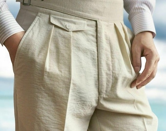 Spodnie męskie Gurkha, na ślub, stylowe spodnie, beżowe spodnie męskie, zapięcie na plisowaną klamrę, formalne spodnie, prezenty dla mężczyzn