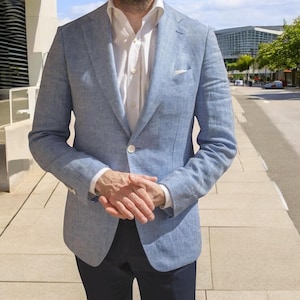 Unique Artistic Couture Men&#39;s Sky Blue Linen Blazer: Luxury Groomsmen Fashion