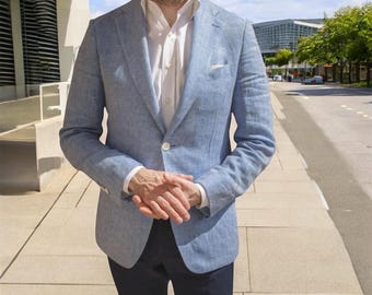 MEN LINEN BLAZER, For Men, Groomsmen Blazer, Men Sky Blue Coat, Luxury Fashion Blazer, Christmas Gifts