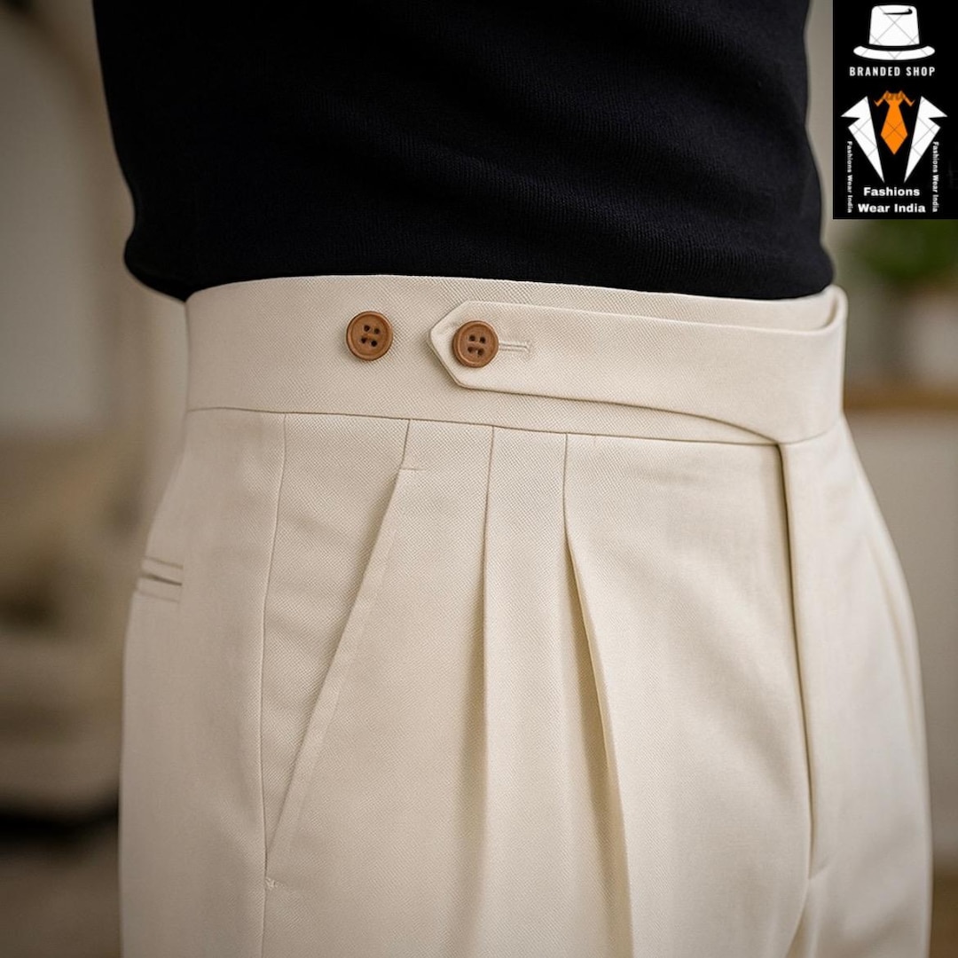 Gurkha Trouser, Mens Cream Chino Button Style, Men 80s Military