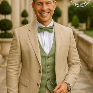 Unique Artistic Couture, Linen Beige Suit: Custom Wedding & Party Attire Wear