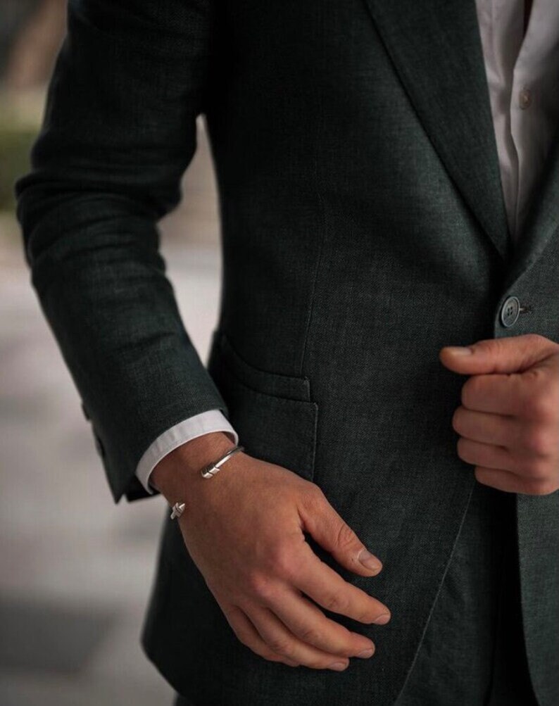 Dark Green Men's Party Linen 2 Piece One-button Suits Wedding Formal Suits main image 1