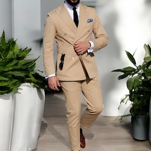 Unique Artistic Couture Men&#39;s Beige Cotton Double-Breasted Slim Fit Suit: Wedding, Party