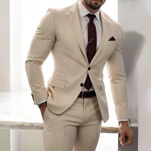 Men&#39;s Cream Beige Suit: Elegant Slim Fit Blazer & Trousers Set