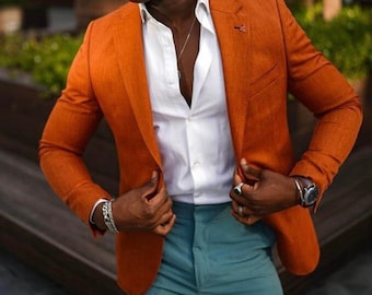 Men’s Orange LINEN Blazer, For Men Jackets, Luxe Style Two Button Coat, Notch Lapel Classic Blazer, Dinner Jackets, For Wedding