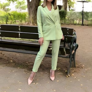 Unique Artistic Couture Light Green Double Breasted Suit: Cotton Ankle Pants, Formal Style
