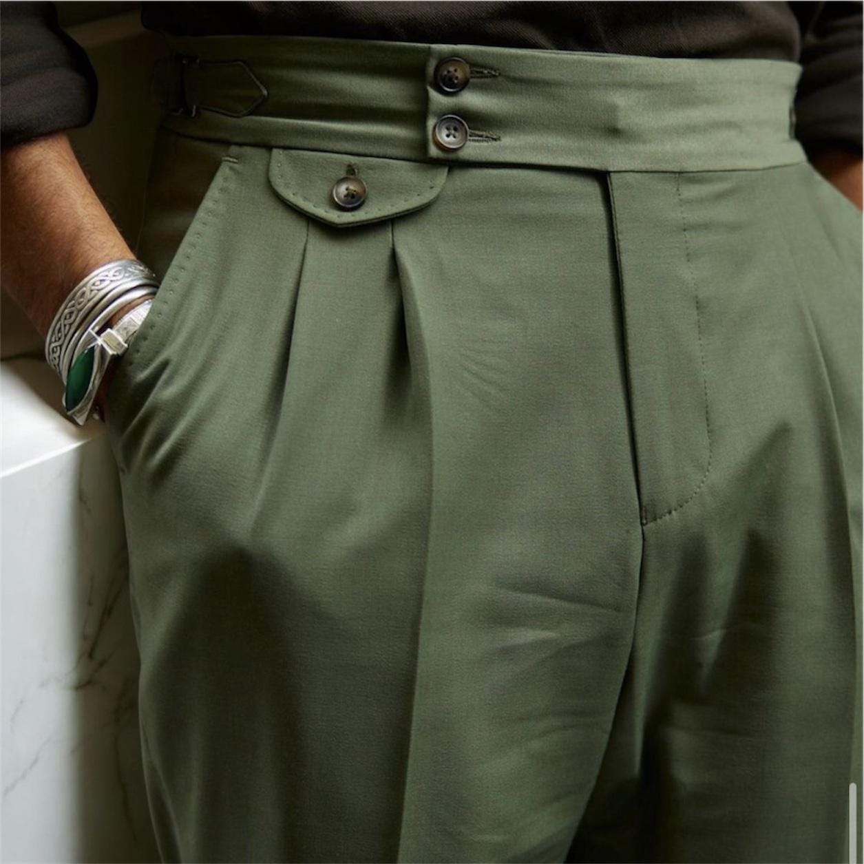 Unique Artistic Couture  Handmade Green Cotton Gurkha Trousers - Pleated Regular Fit