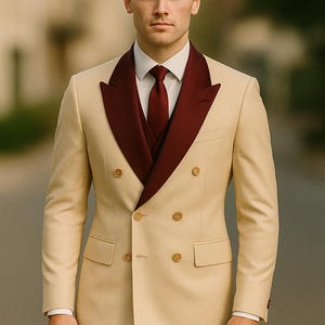 Luxe Beige Double Breasted Suit: Men&#39;s Wedding 2 Piece - Peak Lapel