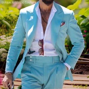 Men’s Linen Sky Blue Suits, Linen Suits Men, 2 Piece Wedding, Groomsmen Suits, Two Button, Linen Luxury Suits, For Men