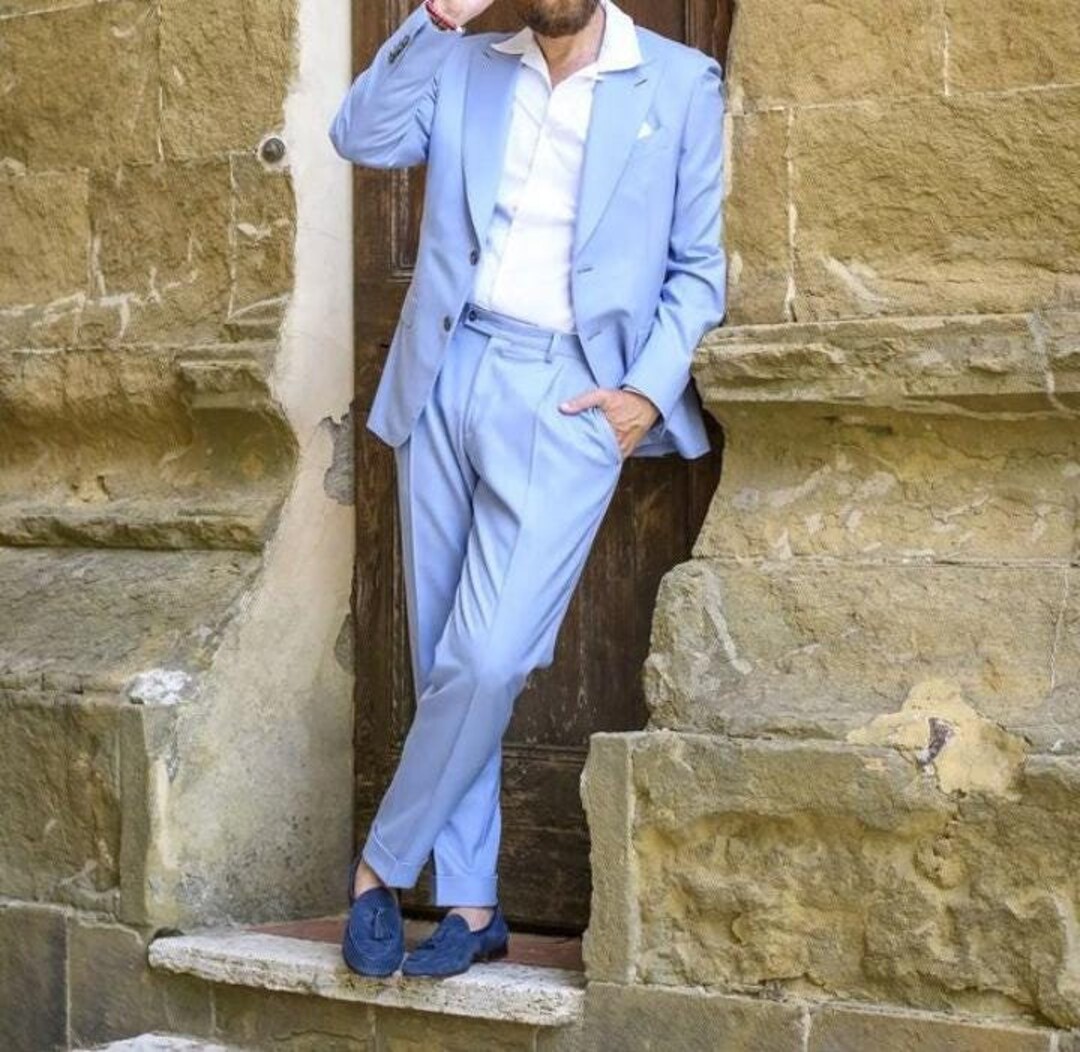 2 Piece Bet Fited Dinner Suit for Men - Blue Plaid