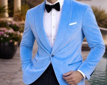 Sky Blue Velvet Mens Jacket, Regular Fit Coat, Formal Party Wear Occasion