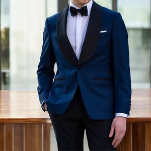 Unique Artistic Couture Blue Velvet Blazer: Shawl Lapel, Elegant Tweed Fabric