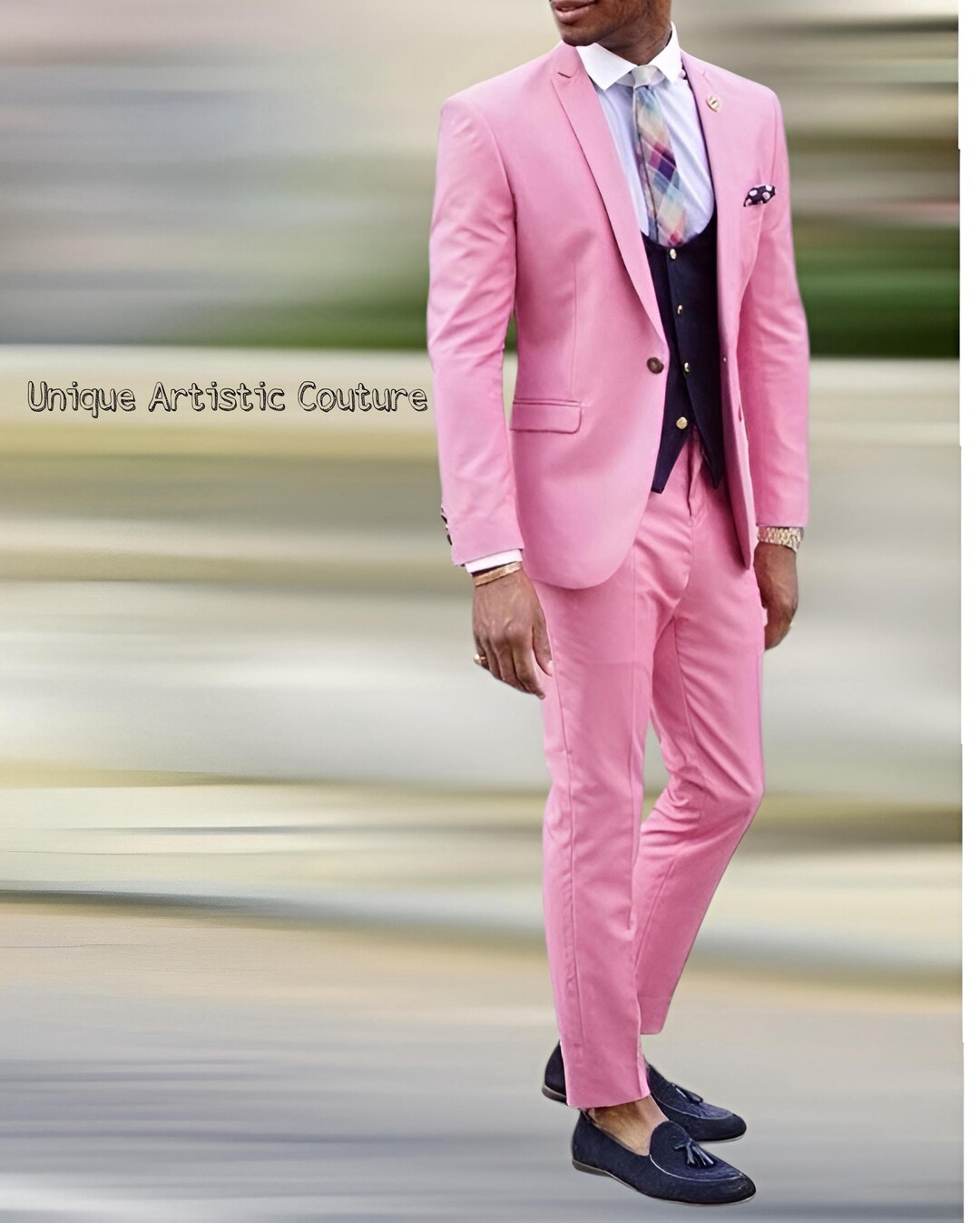 Men’s Blush Pink and Gold Three-Piece Suit – Tailored Fit Formal Wedding, Vested Suit By Rossiman