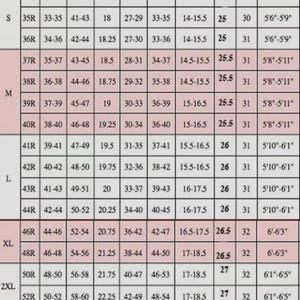 May include: A size chart for jackets, displaying measurements for chest, waist, hip, and other dimensions. Sizes range from S to 3XL, with corresponding measurements in inches and feet/inches for height.