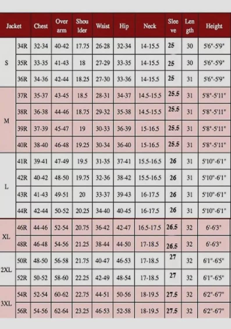 May include: A size chart for jackets, displaying measurements for chest, waist, hip, and other dimensions. Sizes range from S to 3XL, with corresponding measurements in inches and feet/inches for height.