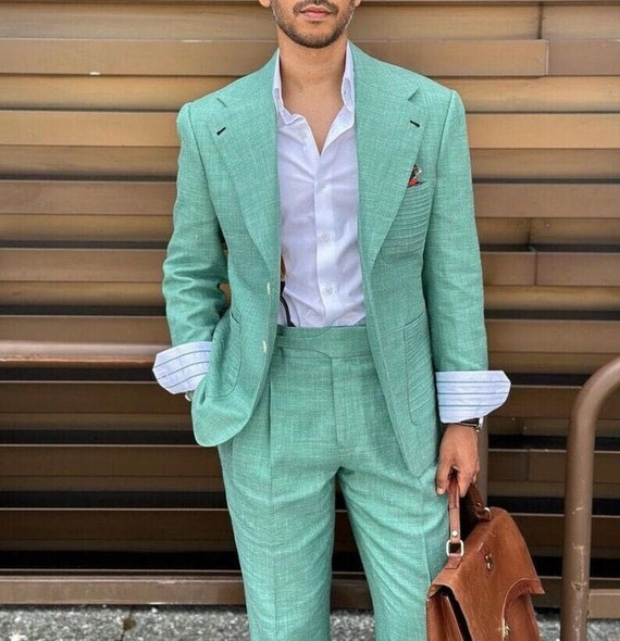 Abito da uomo in lino verde 2 pezzi Abiti da sposo eleganti
