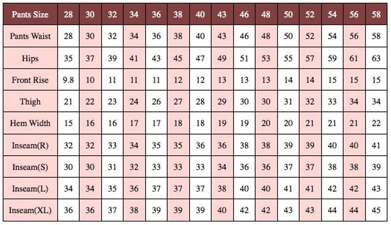 K&ouml;nnte beinhalten: Eine Gr&ouml;&szlig;entabelle f&uuml;r Hosen, die Ma&szlig;e in Zentimetern f&uuml;r Bund, H&uuml;fte, Schrittl&auml;nge, Oberschenkel, Saumweite und Innenbeinl&auml;nge anzeigt. Gr&ouml;&szlig;en von 28 bis 58. Die Tabelle hilft bei der Auswahl der richtigen Hosengr&ouml;&szlig;e.