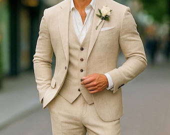 Wedding Three Piece Beige Linen Suits, SlimFit Tuxedo:  Elegant Tuxedo Party Wear Suits