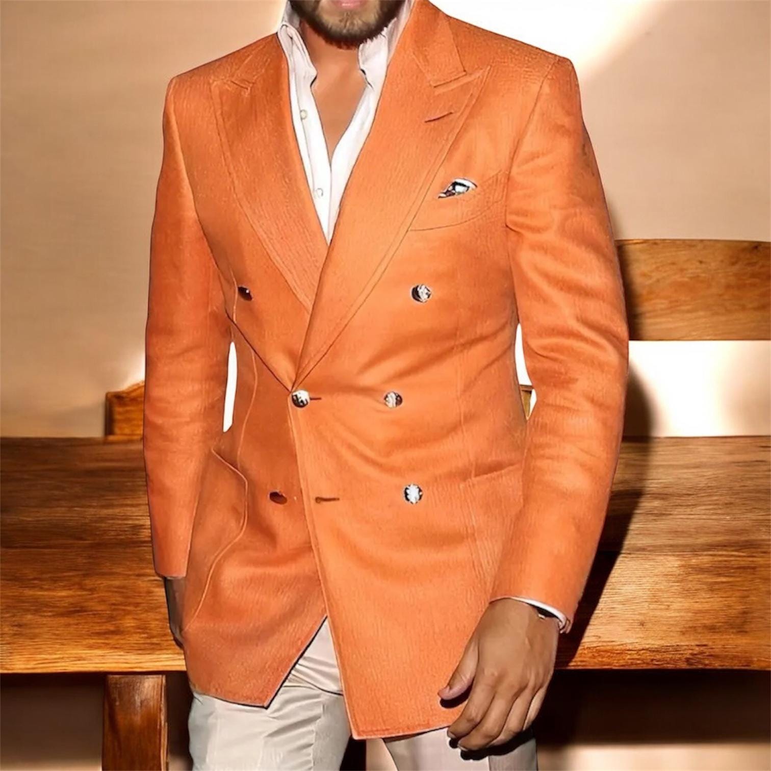 Blazer para hombre, abrigo de lujo de moda, chaqueta cruzada para hombre, blazer naranja, abrigo ajustado con estilo, chaquetas de regalo para hombre