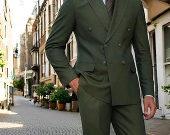 メンズ プレミアム ダークグリーン 2 ピース ダブルブレスト スーツ