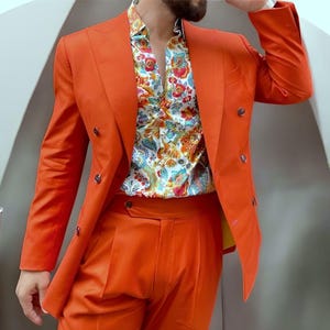 Unique Artistic Couture Orange Cotton Double-Breasted Suit: Men&#39;s Wedding Formal Bespoke