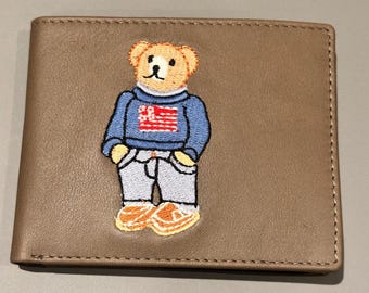Polo Ralph Lauren herentrui geborduurde vlag beer tan leren slanke portemonnee