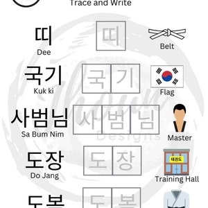 May include: A black and white illustration of Korean terminology for Taekwondo. The words are written in Korean and English. The illustration includes a belt, flag, master, training hall, and uniform.