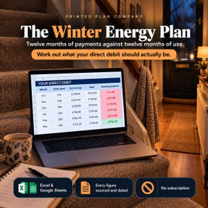 May include: A laptop displaying a spreadsheet titled The Winter Energy Plan with columns for month, units used, cost, paid, and running balance. Below the screen are three rectangular icons labeled Excel & Google Sheets, Every figure sourced and dated, and No subscription.