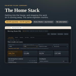 May include: A digital interface titled The Home Stack by Printed Plan Company, featuring a Moving Home HQ dashboard. The dark-themed software displays financial fields for purchase price, deposit, stamp duty, and mortgage costs in British pounds.