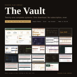 May include: A digital product collection titled The Vault by Printed Plan Company, featuring twenty-one complete systems for Google Sheets and Excel. The image displays a grid of various financial dashboard interfaces with dark and light themes.