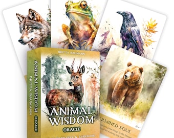 May include: A 50-card deck and guidebook for the Animal Wisdom Oracle. The box features a watercolor illustration of a deer in a forest setting. The cards feature watercolor illustrations of animals, including a wolf, frog, raven, and bear.