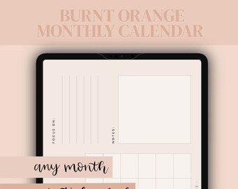 burnt orange digital monthly planner, undated, planner, calendar, academic, any use, aesthetic, printable