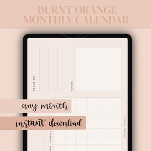 burnt orange digital monthly planner, undated, planner, calendar, academic, any use, aesthetic, printable