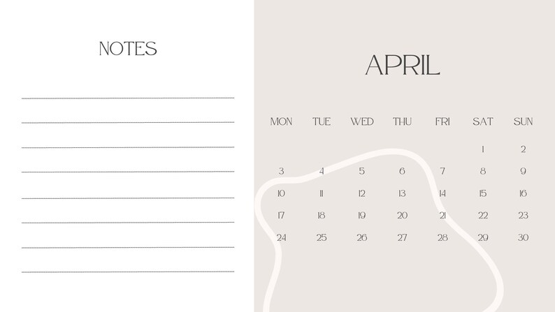 May include: A printable calendar for April with a white abstract shape in the background. The calendar is on a light gray background. The days of the week are listed across the top, and the numbers 1 through 30 are listed in rows below.