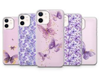 Butterfly Phone Case Purple Flowers Cover fit for iPhone 17 Pro Max, 16e, 15, 14, 13 & Samsung S26 Ultra, S25 FE, A57, A56, Pixel 10, 9A