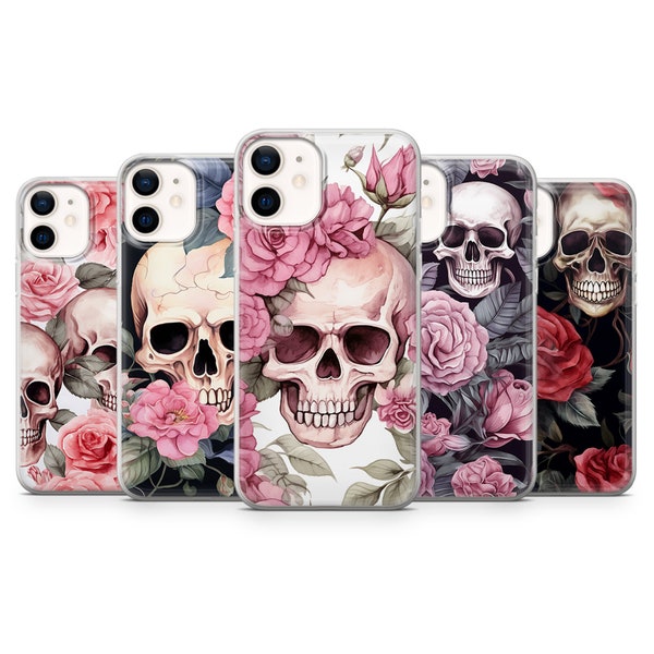 Skull and Roses Phone Case Gothic Skeleton Cover for iPhone 15 Pro Max, 14 Plus, 13, 12, 11, XR, XS & Samsung S23, S22, A54, A53, Pixel 8, 7
