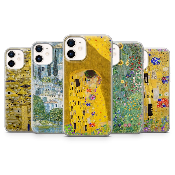 Coque Gustav Klimt, pochette beaux-arts The Kiss pour iPhone 15 Pro Max, 14 Plus, 13, 12, 11, XR, XS et Samsung S23, S22, A54, A53, Pixel 8, 7