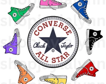 May include: A graphic featuring eight high-top sneakers in various colors, including green, pink, blue, black, orange, yellow, red, and purple, encircling a central Converse All Star logo. The sneakers have white laces and soles.