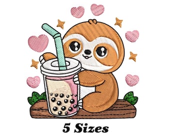 Embroidery pattern of sloth sipping bubble milk tea, perfect for custom embroidery kits and logo embroidery gifts